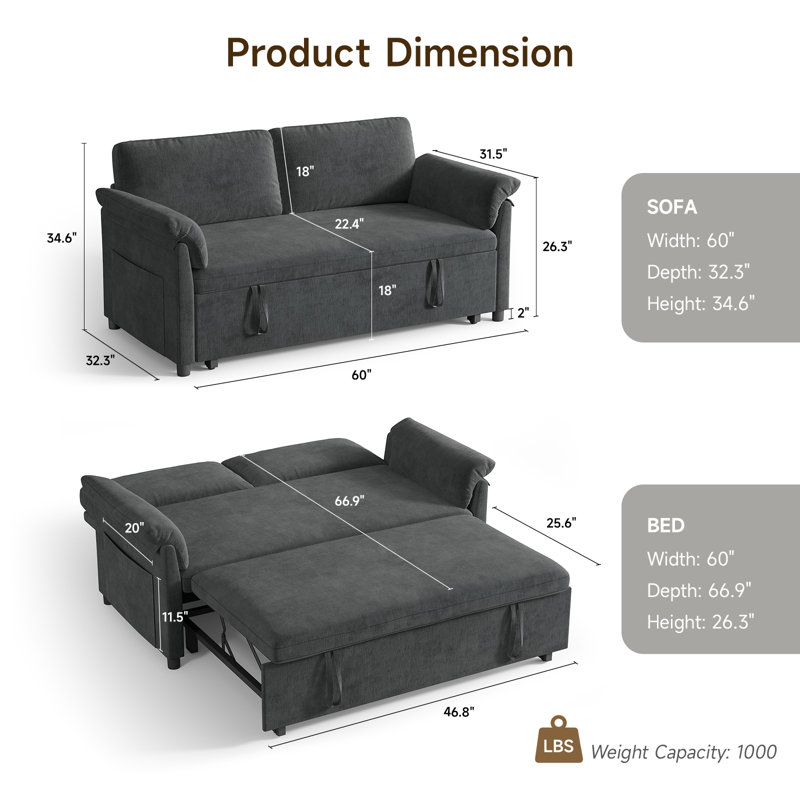 60 Convertible Sofa Bed With Adjustable Backrest 3 In 1 Long Sofa Sleeper Sofa Bed Black